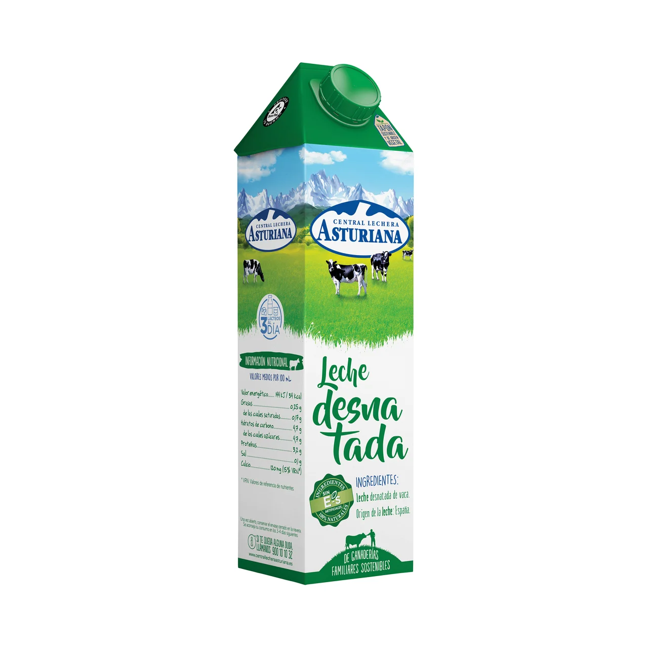 Leche desnatada de vaca, de origen española 1 l.