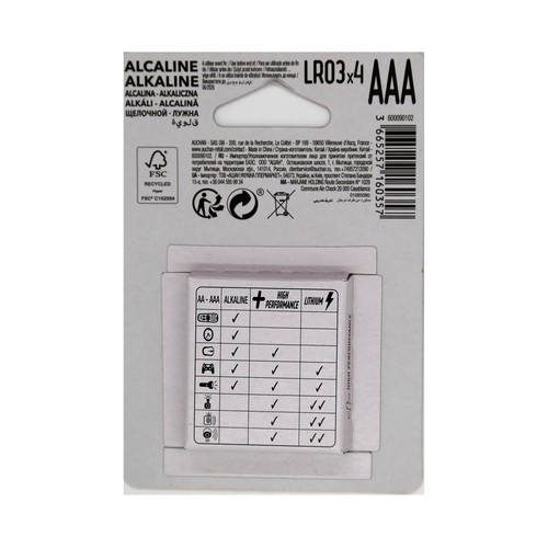 Pack de 4 pilas alcalinas AAA, LR03, 1,5V, PRODUCTO ALCAMPO High Performance.