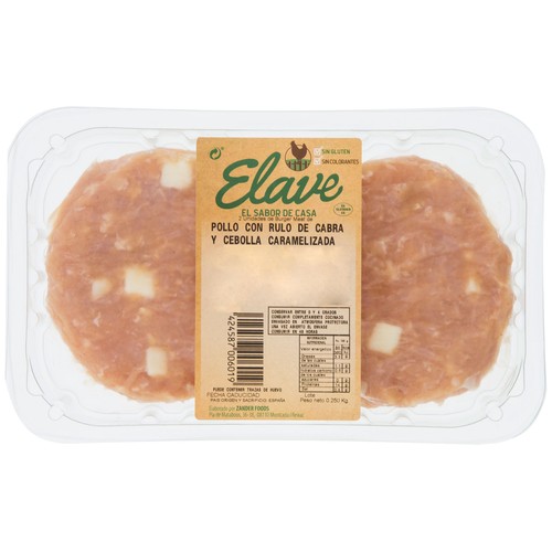 ELAVE Burger pollo rulo cabra  y cebolla caramelizada 2 x125 g.