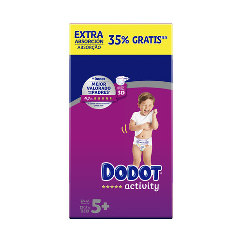 DODOT Pañal talla 5+ para bebés de 12 a 17 kilogramos DODOT Activity 96 uds.