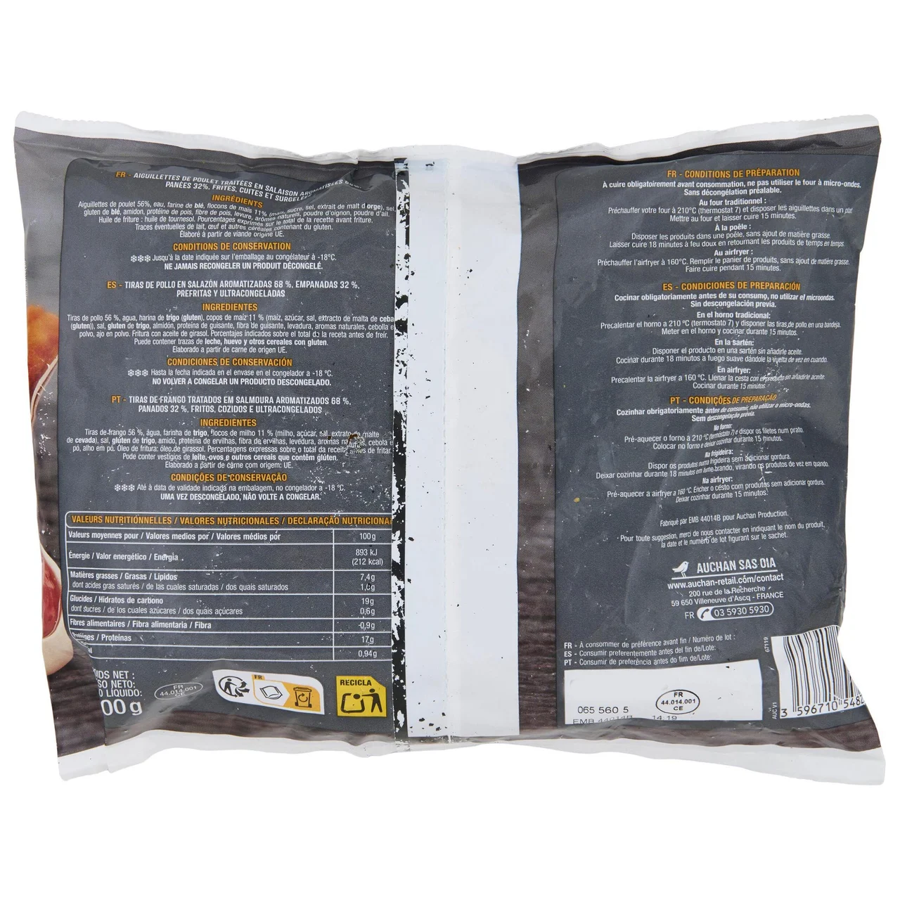 AUCHAN Tiras de pollo aromatizadas, empanadas y prefritas 600 g.