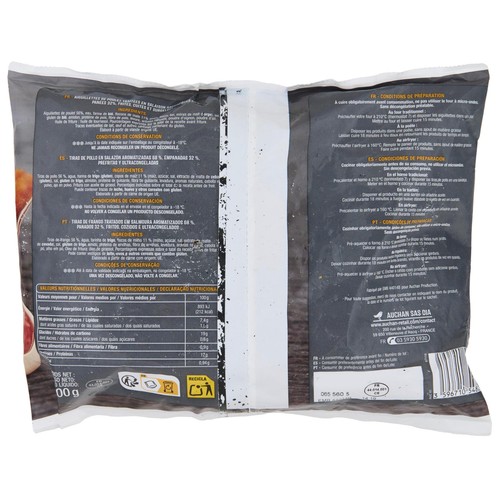 AUCHAN Tiras de pollo aromatizadas, empanadas y prefritas 600 g.