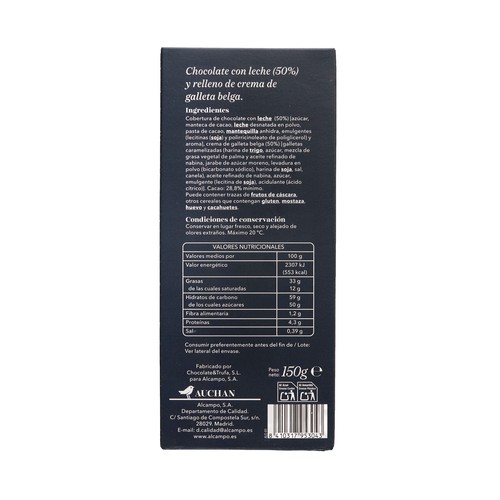 PRODUCTO ALCAMPO Collection Chocolate con relleno de galleta belga 150g