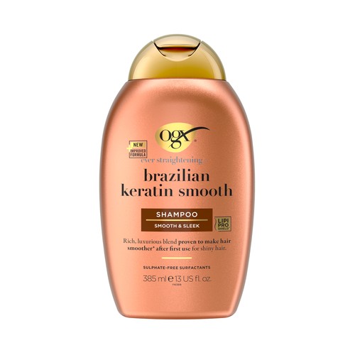 OGX Champú alisador con proteínas keratina, para cabellos gruesos o encrespados 385 ml.