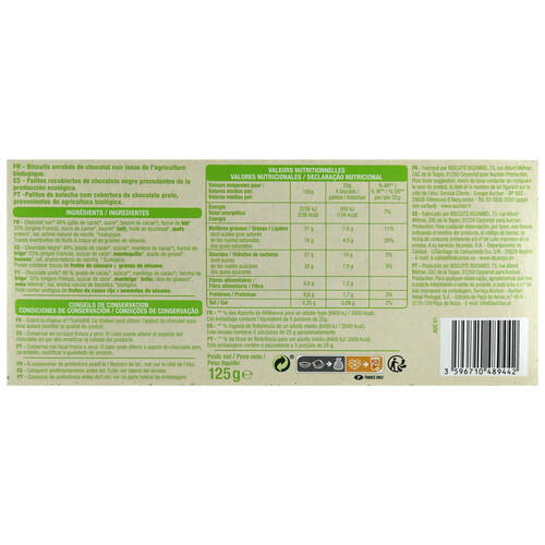 ALCAMPO ECOLÓGICO Galletas palito con chocolate negro ALAMPO ECOLÓGICO 125 g.