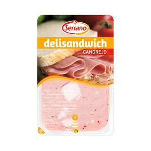 Imagen de SERRANO Fiambre de pavo y cerdo cocido con sabor a cangrejo, cortado en lonchas SERRANO Delisandwich 100 g.