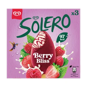 SOLERO Berry bliss Helado de vainilla cubierto de sorbete de frambuesa y fresa 3 x 90 ml.