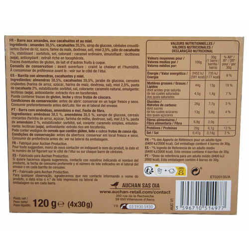 PRODUCTO ALCAMPO Barritas de cereales, almendra, cacahuete y miel 120 g.