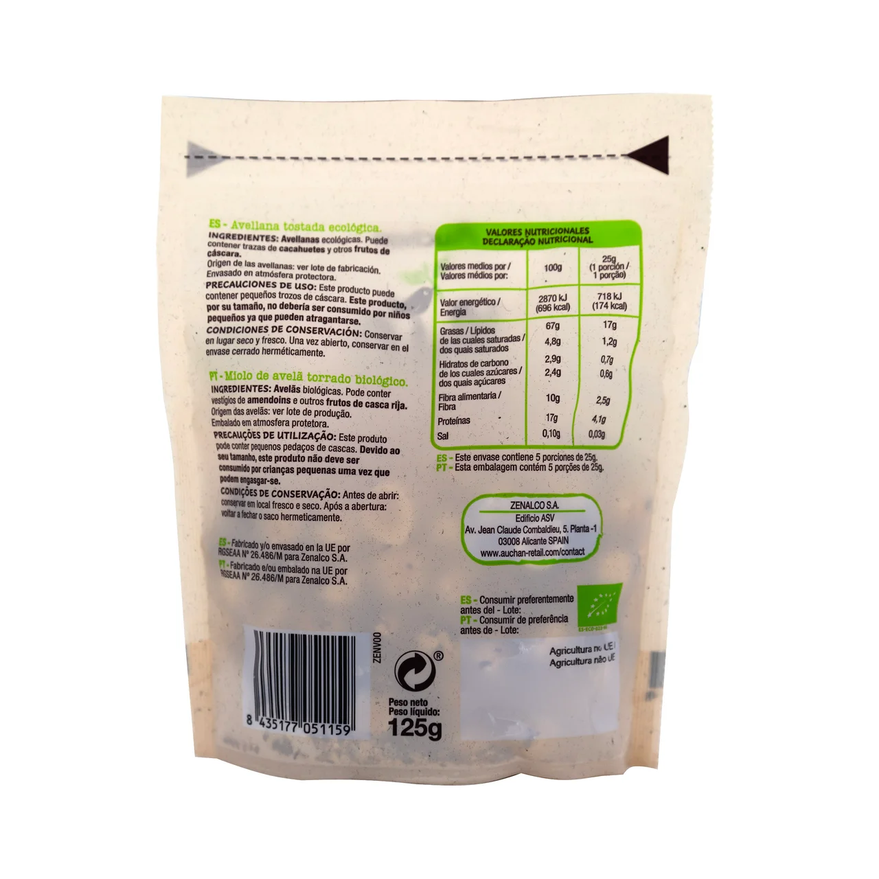 PRODUCTO ALCAMPO Bio Avellanas tostadas ecológicas 125 g.