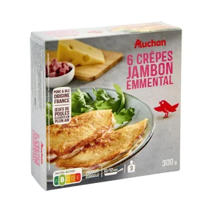 AUCHAN Crepes rellenos de jamón cocido y queso Emmental 6 uds Producto Alcampo.