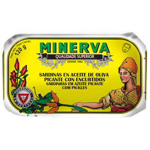 Imagen de MINERVA Sardinas en aceite de oliva picante con encurtidos 120 g.