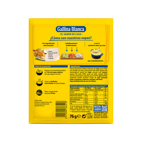 GALLINA BLANCA Sopa de ave con fideos finos GALLINA BLANCA 71 g.