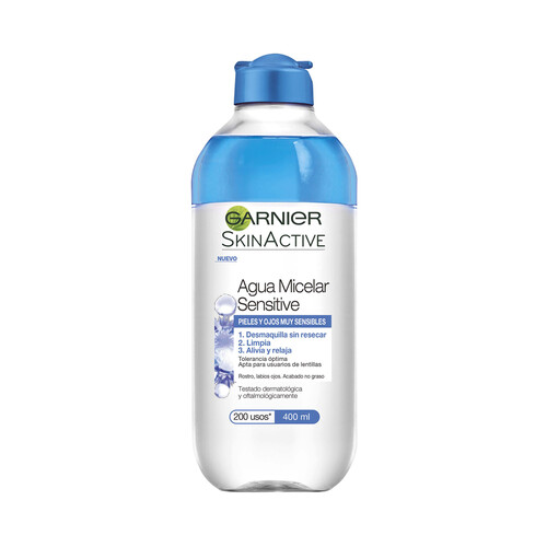 GARNIER Agua micelar desmaquillante para pieles y ojos muy sensibles GARNIER Skin active 400 ml.