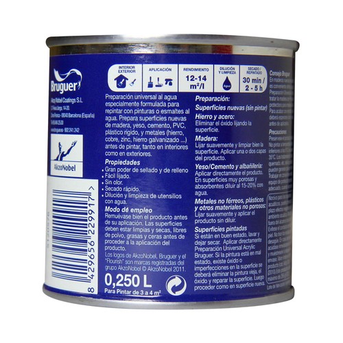 Imprimación selladora universal acrílica, multisuperficies y para uso exterior e interior BRUGUER 0,25 litros 1 unidad.