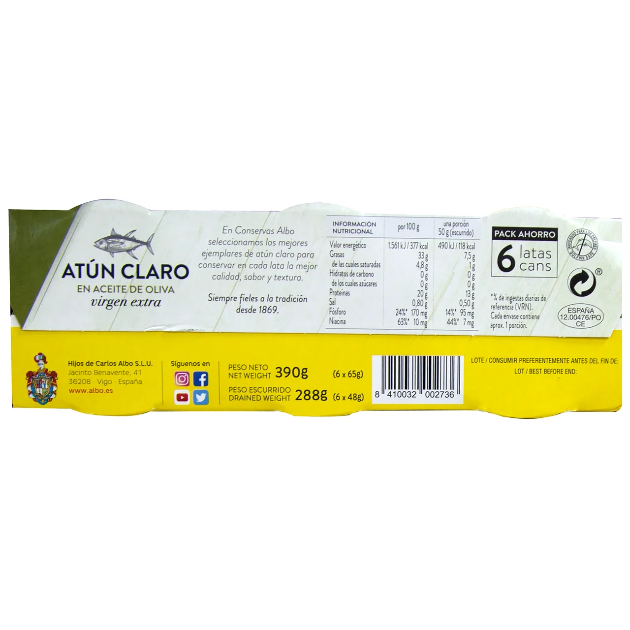 Atún claro en aceite de oliva virgen extra 6 uds. X 48 g.