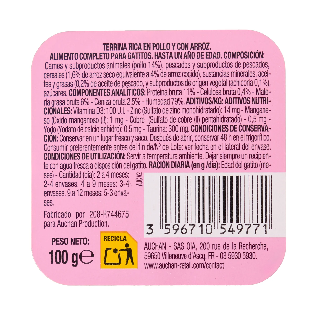 PRODUCTO ALCAMPO Alimento completo para gatos junior, rico en pollo y arroz 100 g.