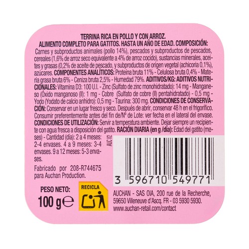 PRODUCTO ALCAMPO Alimento completo para gatos junior, rico en pollo y arroz 100 g.