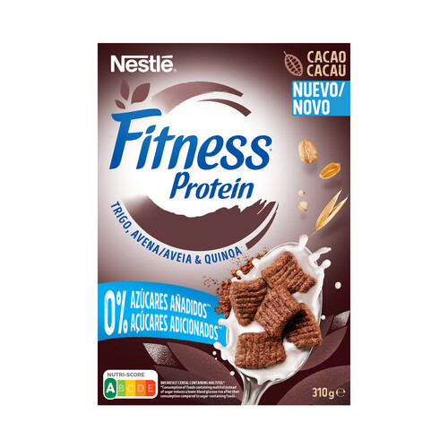 FITNESS Proteina de Nestlé Cereales (trigo, avena y quinoa), sin azúcares añadidos y con sabor a chocolate 310 g.