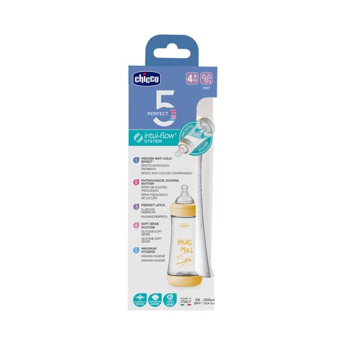 CHICCO Perfect 5 Biberón de 300 ml con tetina de silicona, flujo rápido y sistema anticólicos, a partir de 4 meses.