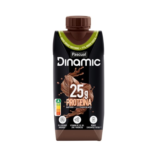 PASCUAL Batido con sabor a chocolate, sin azúcares añadidos y con alto contenido en proteína PASCUAL Dinamic 330 ml.