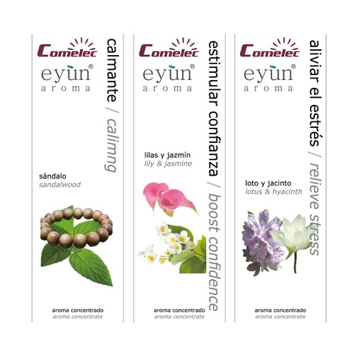 Pack de 3 envases de aromas concentrados COMELEC DA7460, calmante, estimulador y alivio de estres, uso para humidificador. (3x10ml)