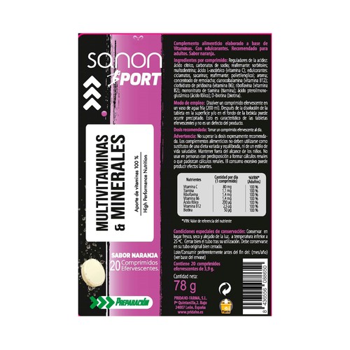 SANON Sport Multivitaminas y minerales sabor naranja, en comprimidos efervescentes 20 uds.