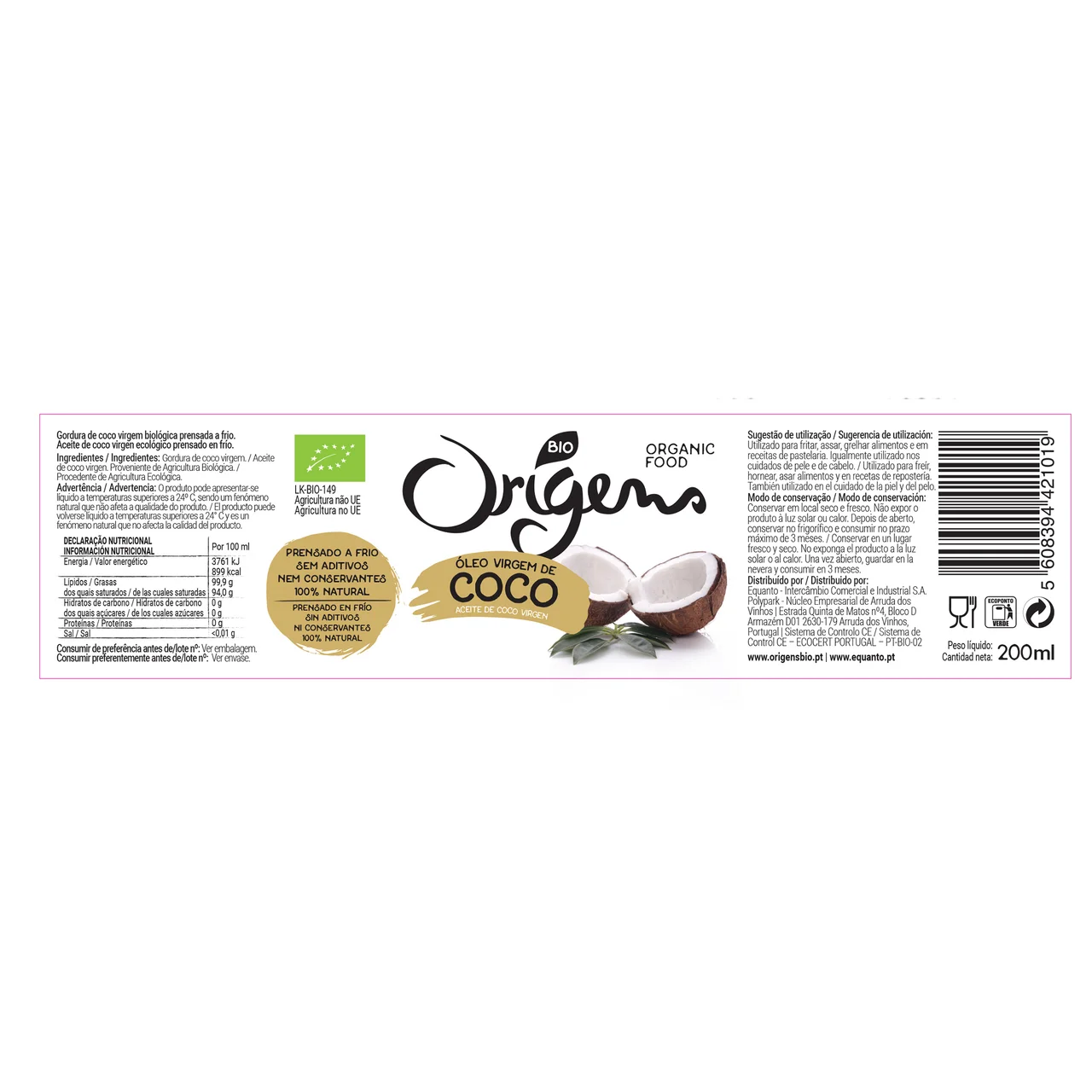 ORIGENS Aceite de coco ecológico 200 ml.