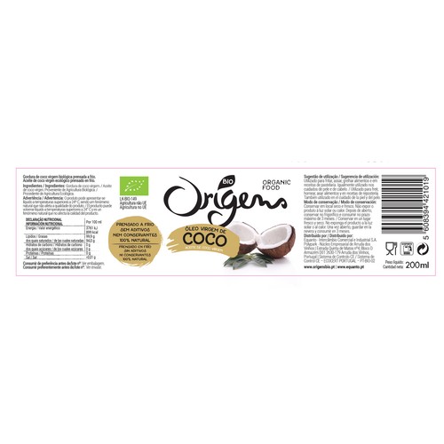 ORIGENS Aceite de coco ecológico 200 ml.