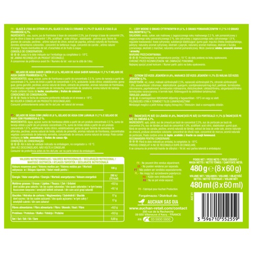 PRODUCTO ALCAMPO Polo de agua con sabor a limón, naranja y frambuesa 8 x 60 ml.
