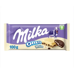 MILKA OREO BLANCO.Chocolate blanco con relleno sabor vainilla y trozos de galleta con cacao 100 g.