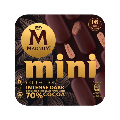 MAGNUM Mini bombón helado de chocolate (70% cacao) y recubierto de chocolate crujiente MAGNUM Collection 6 x 55 ml.