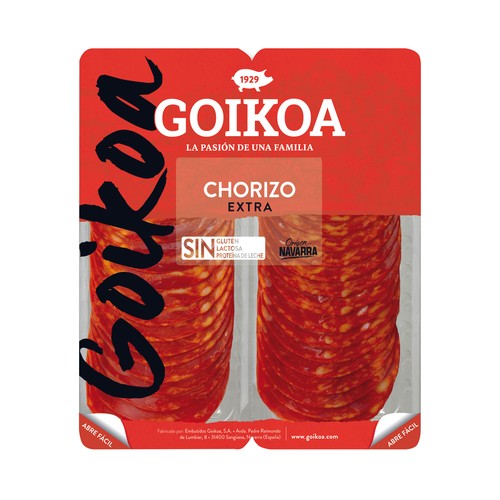GOIKOA Chorizo extra cortado en lonchas, sin gluten, ni lactosa ni proteína de leche 2 x 90 g.