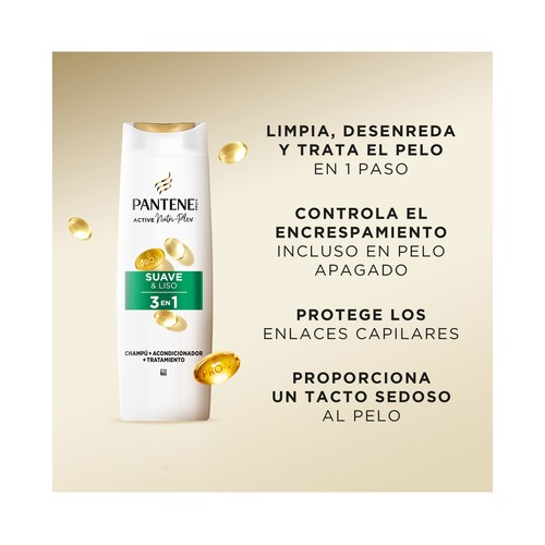 PANTENE Pro-v suave & liso Champú + acondicionador + tratamiento para cabellos encrespados y apagados 500 ml.