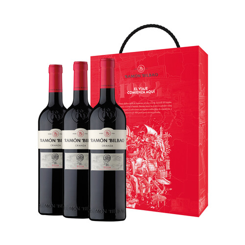Estuche de 3 botella de vino tinto crianza con denominación de origen calificada Rioja RAMÓN BILBAO.
