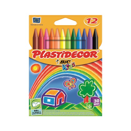 Caja de 12 pinturas extra-resistentes y que no manchan las manos, de diferentes colores, PLASTIDECOR.
