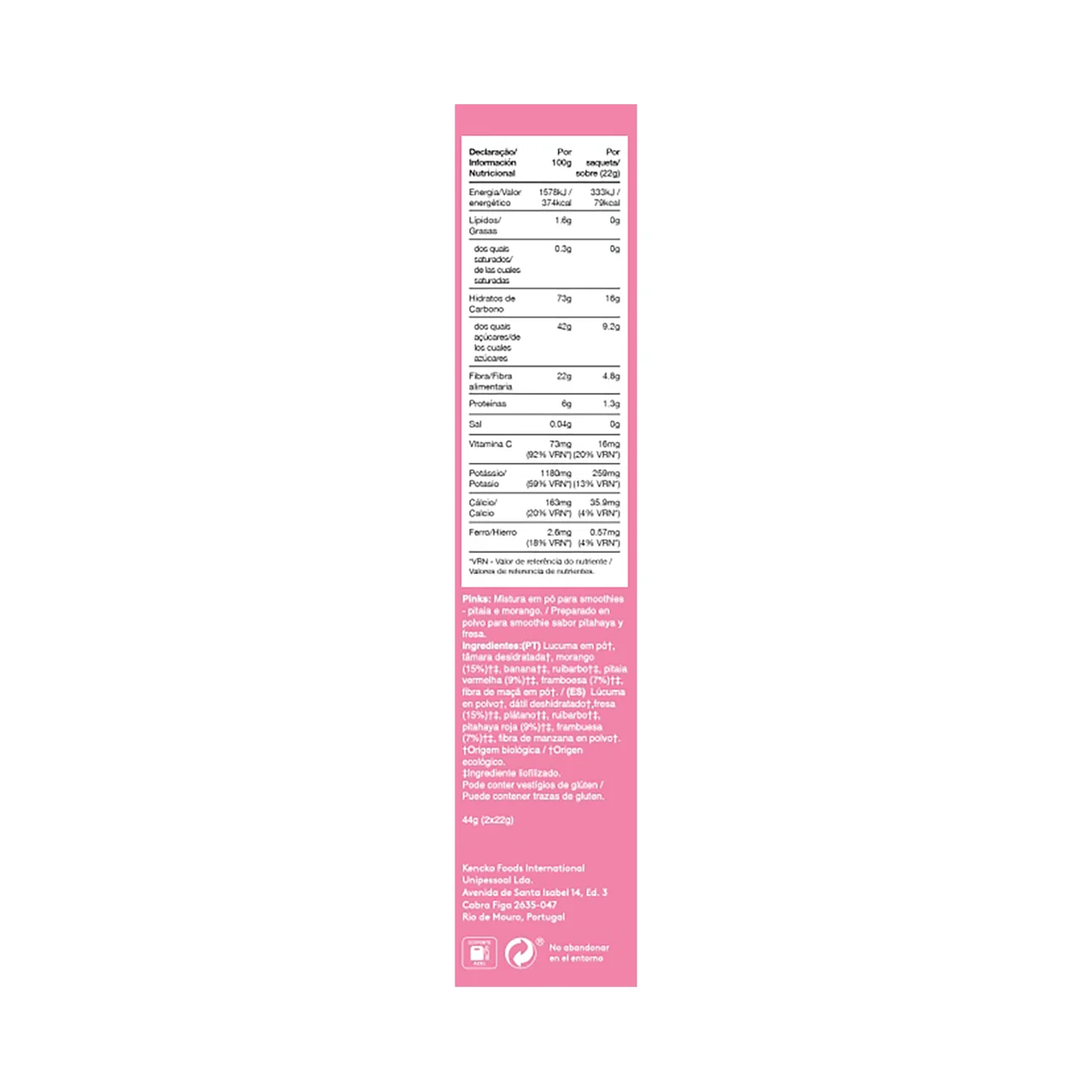 KENCKO Smoothie pink Preparado para batido de frutas ecológicas y lucuma en polvo 2 x 22 g.