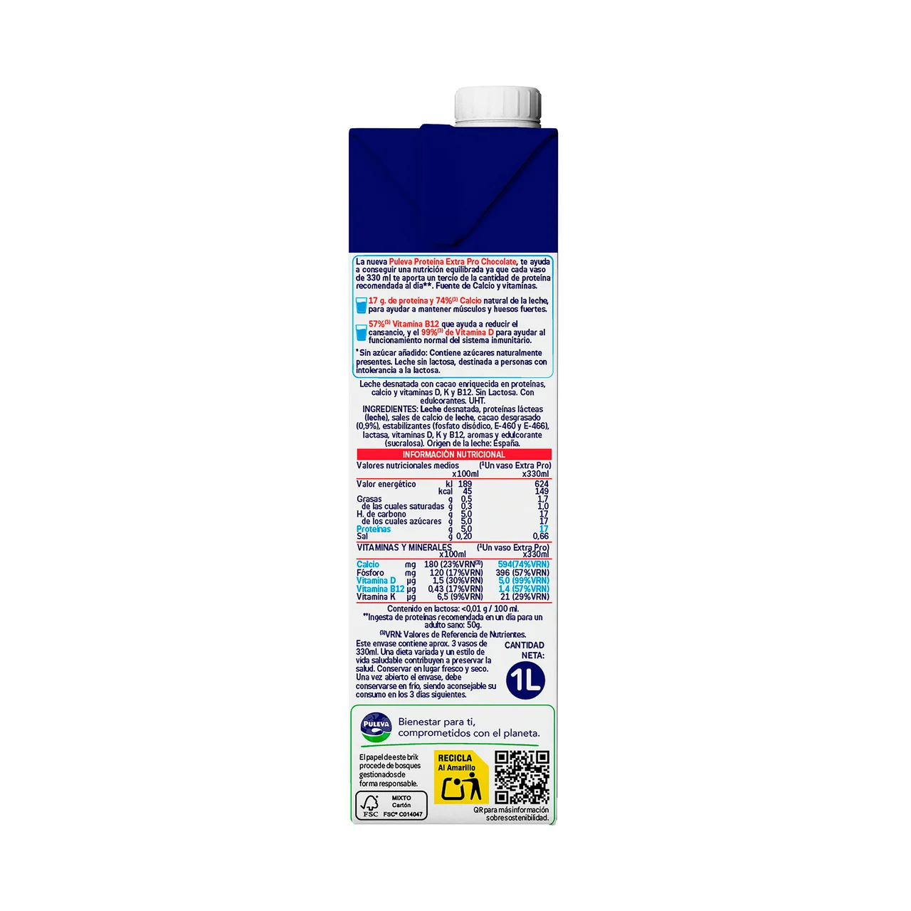 Proteína extra pro Leche con chocolate, rica en calcio y proteinas 1 l.