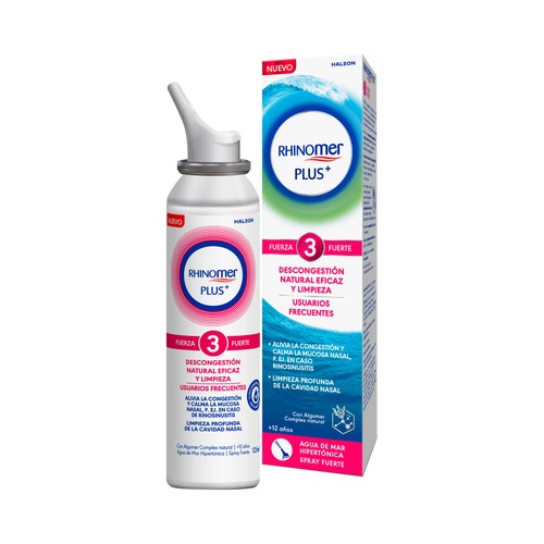 RHINOMER Plus+ Agua de mar hipertónica spray fuerte (3) para limpieza y descongestión de la nariz 125 ml.