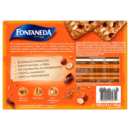 FONTANEDA Barritas de cereales con avellanas y gotas de chocolate enriquecidas con magnesio FONTANEDA 4 uds. x 40 g.