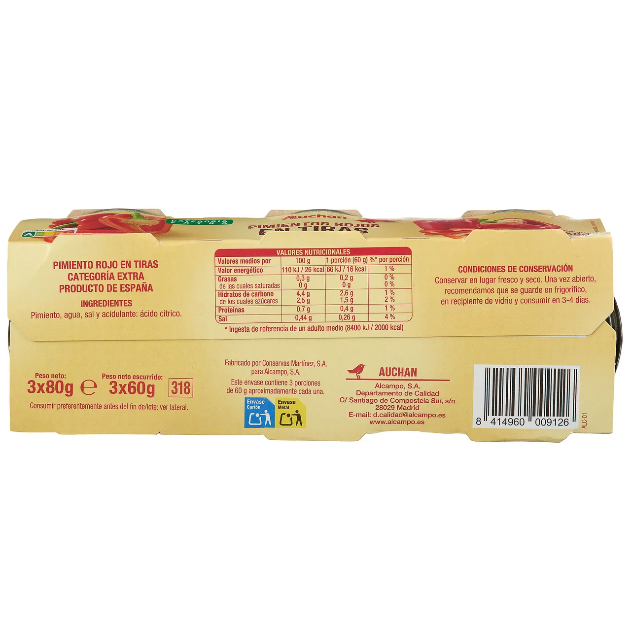 PRODUCTO ALCAMPO Pimientos rojos al natural tiras 3X60g.