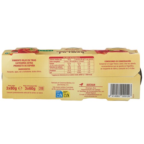 PRODUCTO ALCAMPO Pimientos rojos al natural tiras 3X60g.