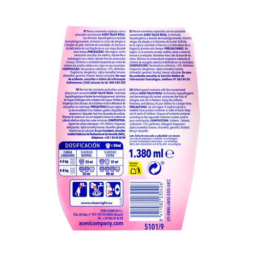 ASEVI Suavizante concentrado aroma a talco rosa 60 lav. 1,5 l.
