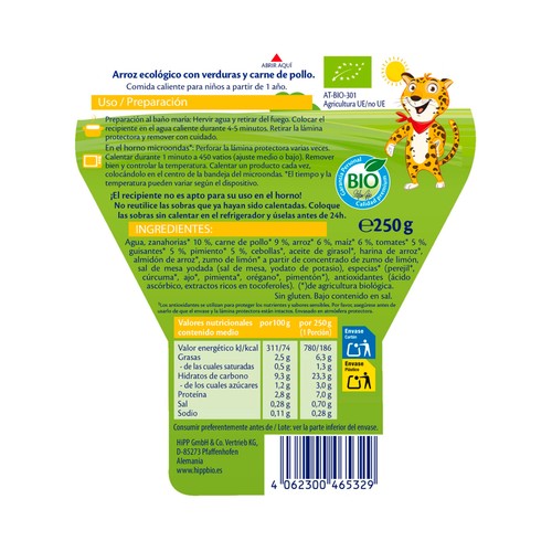 HIPP Bio Guiso casero de arroz ecológico con verduras y pollo, a partir 12 meses 250 g.