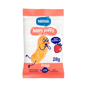 Imagen de NESTLÉ Snack a base de maíz con plátano y fresa, a partir de 1 año NESTLÉ Happy puffs 28 g.