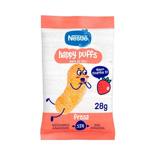 NESTLÉ Snack a base de maíz con plátano y fresa, a partir de 1 año NESTLÉ Happy puffs 28 g.
