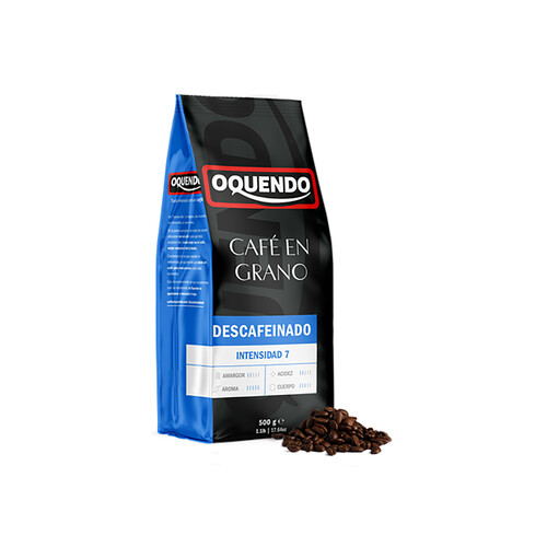 Café de tueste natural descafeinado en grano, intensidad 7 OQUENDO 500 g.