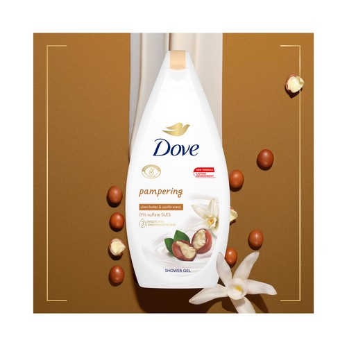 DOVE Gel para baño o ducha con manteca de karité y aroma de vainilla 2 x 450 ml.
