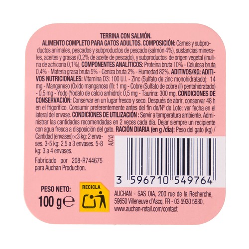 PRODUCTO ALCAMPO Alimento completo para gatos adultos, con salmón 100 g.