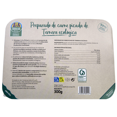 Preparado de carne picada de ternera ecológica ALCAMPO PRODUCCIÓN CONTROLADA ECOLÓGICO 300 g.