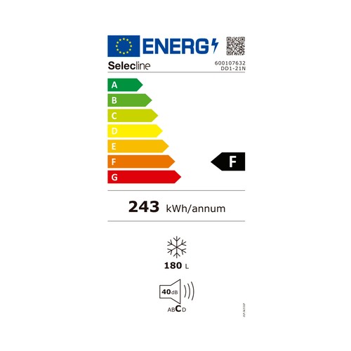 Congelador vertical SELECLINE DD1-21N-4 CÍCLICO, clasificación energética: F, H: 142,6cm, A: 54,4cm, F: 57,1cm, capacidad total: 168L.